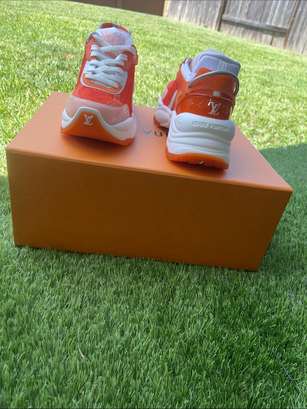 Women’s Louis Vuitton  Orange and White Run 55 Trainer Sneakers